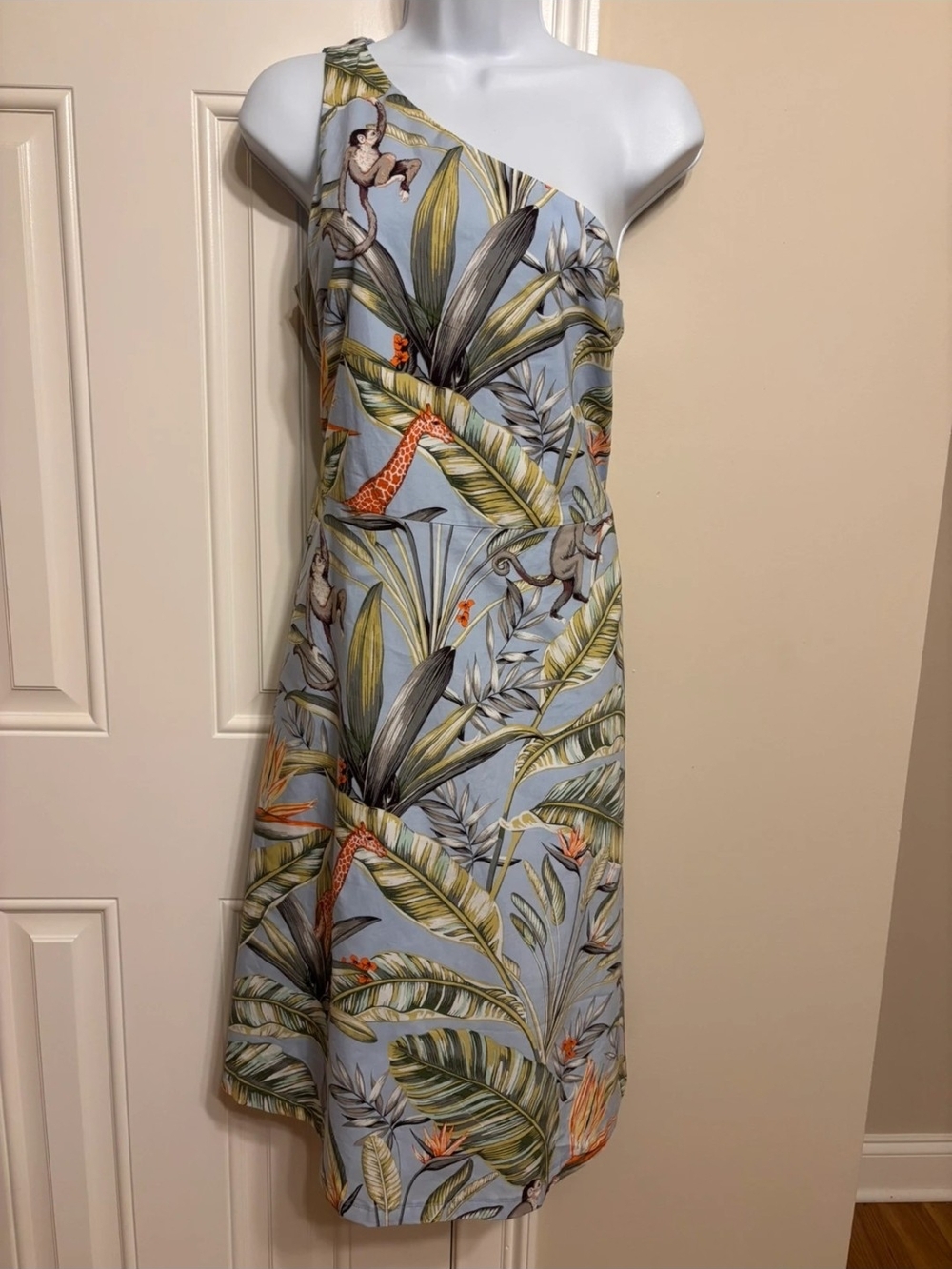 Ann Taylor Pale Blue One-Shoulder Tropical Print Dress
